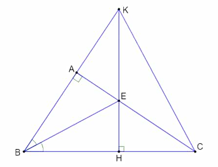 Xét tam giác ABC vuông tại A; đường phân giác góc B cắt cạnh AC tại E; đường thẳng qua E (ảnh 1)