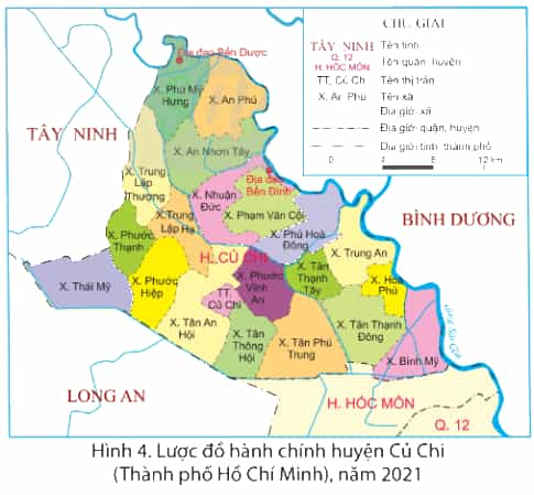 Quan sát hình 4, em hãy xác định vị trí của huyện Củ Chi và các xã có địa đạo.