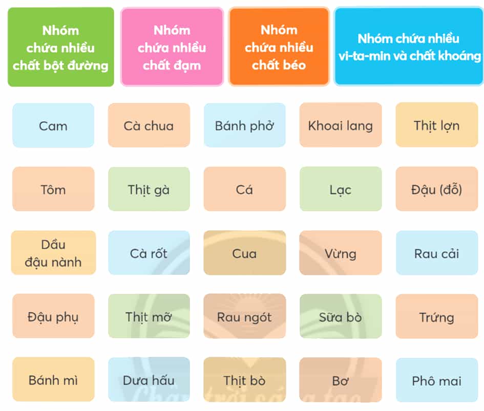 Khoa học lớp 4 Chân trời sáng tạo Bài 23: Các nhóm chất dinh dưỡng có trong thức ăn