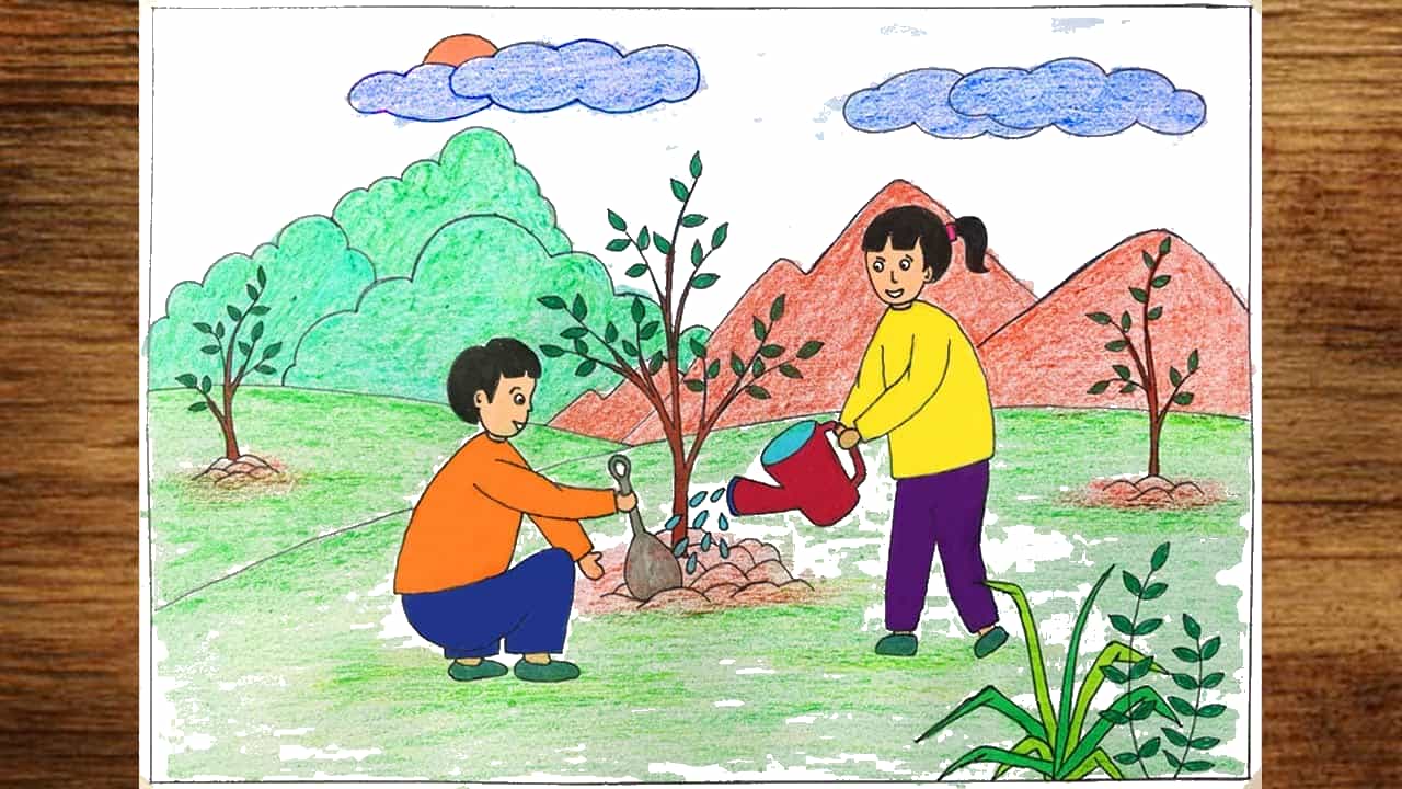 Tranh mẫu 1: chủ đề vẽ tranh trồng cây gây rừng