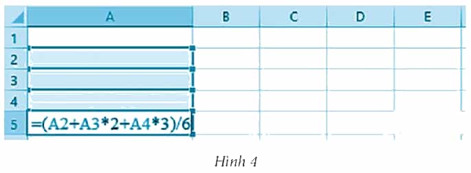 Trong bảng tính MS Excel ở Hình 4, khi sao chép công thức ở ô tính A5 sang các ô tính B5, C5, D5, E5