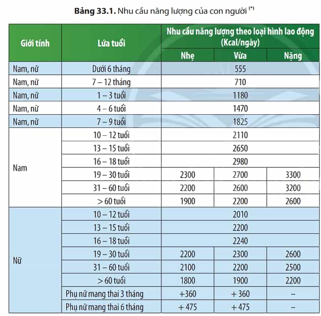 Dựa vào thông tin Bảng 33.1, cho biết chế độ dinh dưỡng của con người