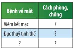 Trình bày một số cách phòng, chống các bệnh về mắt bằng cách hoàn thành bảng