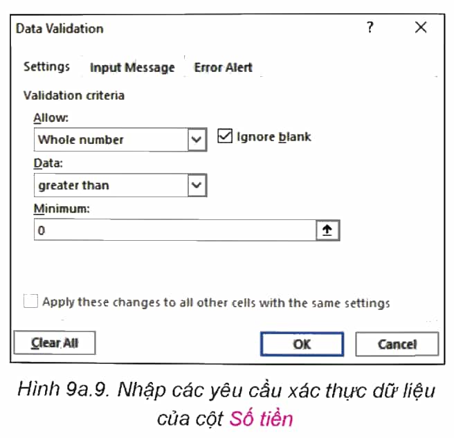 Em hãy sử dụng công cụ xác thực dữ liệu để xác thực cho dữ liệu cột Số tiền