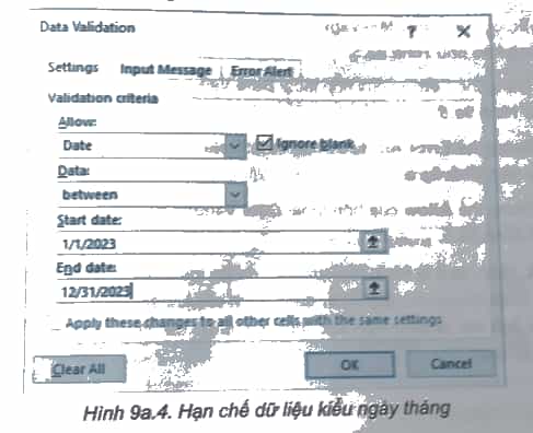 Hình 9a.4 là thông tin xác thực dữ liệu đối với cột Ngày trong bảng tính lưu thông tin