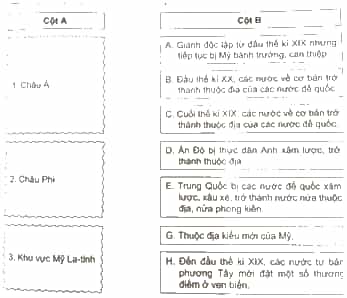 Ghép nội dung ở cột B với châu lục khu vực ở cột A để thể hiện quá trình xâm lược
