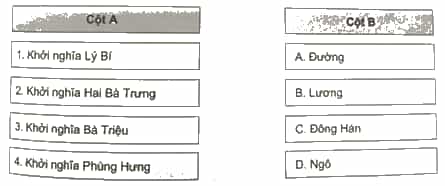 Ghép tên triều đại Trung Hoa ở cột B với tên cuộc khởi nghĩa tiêu biểu thời Bắc thuộc