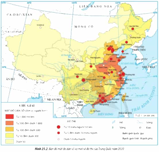 Dựa vào hình 25.2, hãy nhận xét về sự phân bố dân cư và đô thị của Trung Quốc (ảnh 2)