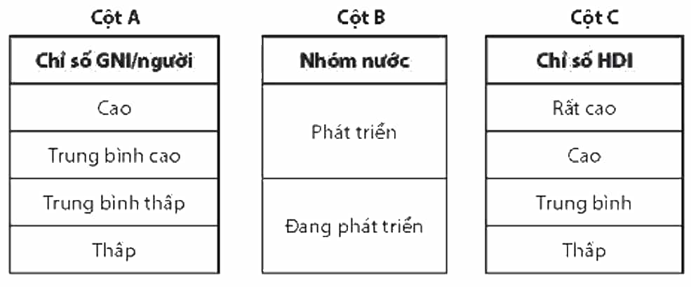 Nối các ý ở cột A, cột C với các ý ở cột B cho phù hợp về các chỉ tiêu đánh giá trình độ phát triển kinh tế các nhóm nước (ảnh 1)