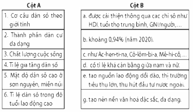 Nối các ý ở cột A với các ý ở cột B cho phù hợp về đặc điểm dân cư-xã hội khu vực Mỹ La tinh. (ảnh 1)