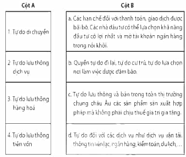 Nối các ý ở cột A với các ý ở cột B cho phù hợp về đặc điểm tự do lưu thông trong thị trường chung châu Âu (ảnh 1)