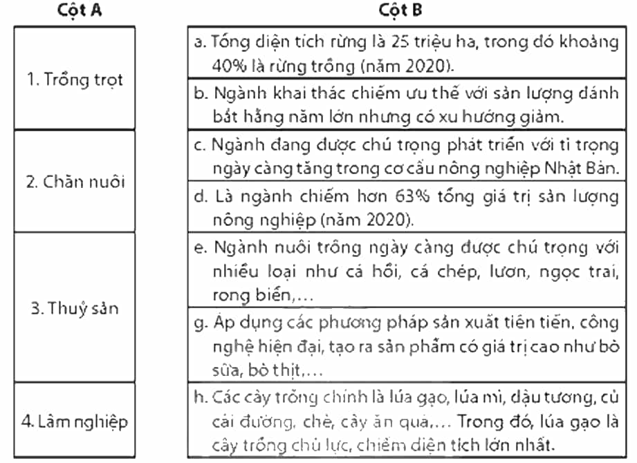 Nối các ý ở cột A với các ý ở cột B cho phù hợp về đặc điểm phát triển của ngành nông nghiệp Nhật Bản