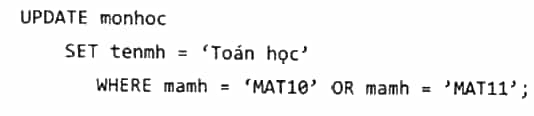 Hãy viết câu truy vấn sửa chữa tên môn học Toan học thành Toán học trong bảng monhoc