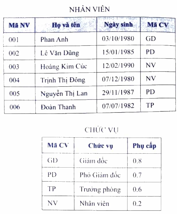 Cho hai cách tổ chức dữ liệu khác nhau khi xây dựng một CSDL như sau