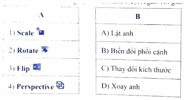 Hãy cho biết mỗi công cụ biến đổi ảnh ở cột A gắn với giải thích