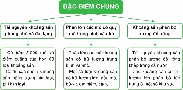 Hoàn thành sơ đồ thể hiện các đặc điểm chung về tài nguyên khoáng sản Việt Nam