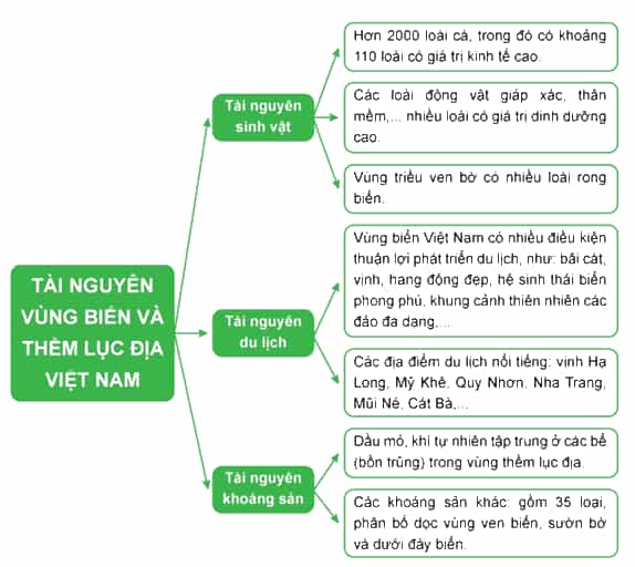 Hoàn thành sơ đồ theo mẫu sau về các tài nguyên ở vùng biển