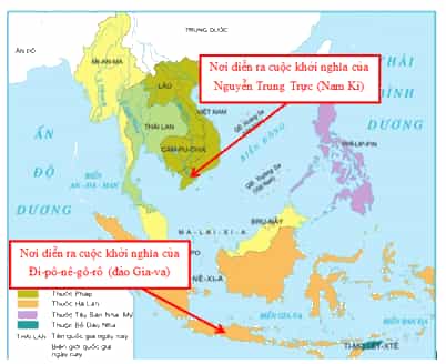 Khoanh tròn trên lược đồ khu vực xảy ra các cuộc khởi nghĩa của Đi-pô-nê-gô-rô và Nguyễn Trung Trực bằng hai màu khác nhau