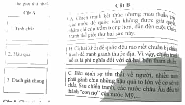 Ghép nội dung ở cột B với cụm từ ở cột A sao cho đúng về Chiến tranh thế giới thứ nhất