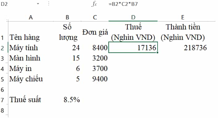 Trong trang tính được tạo ra từ Hoạt động 1 tại ô D2 lập công thức