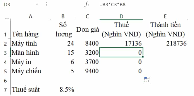 Trong trang tính được tạo ra từ Hoạt động 1 tại ô D2 lập công thức
