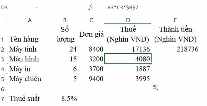 Trong trang tính được tạo ra từ Hoạt động 1 tại ô D2 lập công thức