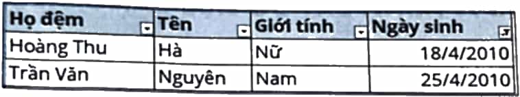 Hãy chọn kết quả của bảng dữ liệu ở Hình 6.4 sau khi thực hiện lọc danh sách