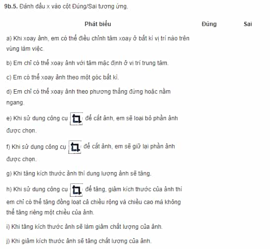 Đánh dấu x vào cột Đúng/Sai tương ứng Câu 9b.5 trang 45 SBT Tin học 8