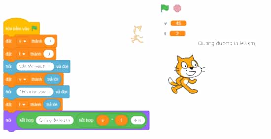 Thực hành: Em hãy tạo chương trình Scratch tính quãng đường đi của một phương tiện
