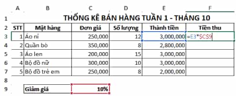 Khi sao chép công thức tính Tiền thu tại ô F3 là =E3*C9 Hình 2 sang ô