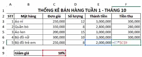 Khi sao chép công thức tính Tiền thu tại ô F3 là =E3*C9 Hình 2 sang ô