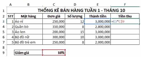 Khi sao chép công thức tính Tiền thu tại ô F3 là =E3*C$9 Hình 3 sang ô