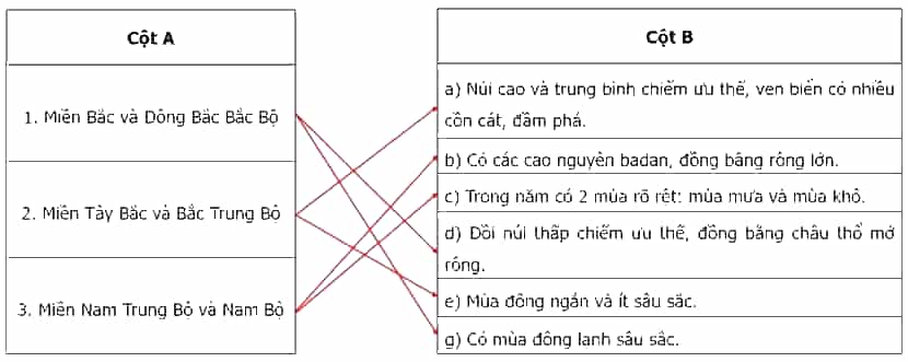 Nối các ý ở cột A với các ý ở cột B cho phù hợp với đặc điểm của các miền địa lí tự nhiên ở nước ta