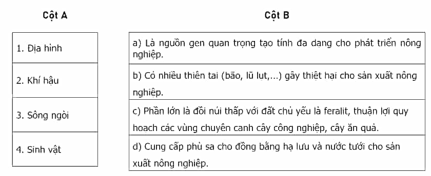 Nối các ý ở cột A với các ý ở cột B cho phù hợp với thế mạnh và hạn chế của điều kiện tự nhiên
