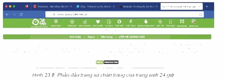 Hãy phân tích phần đầu trang và chân trang của trang web 24 giờ ở Hình 23.8 và chỉ rõ các vị trí các phần tử mà em nhận dạng được (ảnh 1)