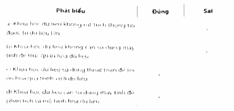 Đúng hay Sai: a) Khoa học dữ liệu không rút trích thông tin được từ dữ liệu lớn