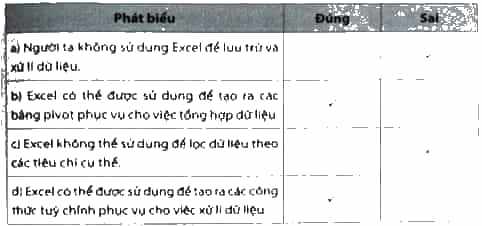 Đúng hay Sai: a) Người ta không sử dụng Excel để lưu trữ và xử lí dữ liệu